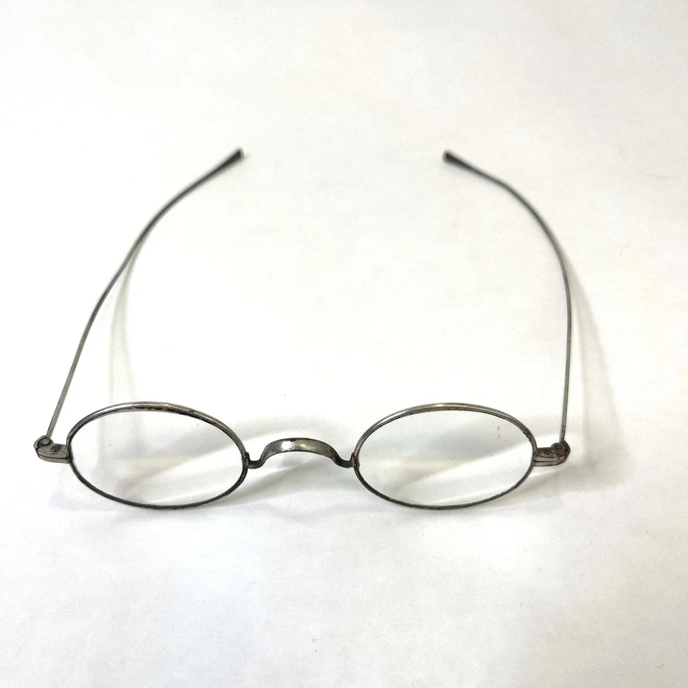 Antique Silver-Tone Oval Eyeglasses w Original Leather Sleeve Granny Glasses VTG
